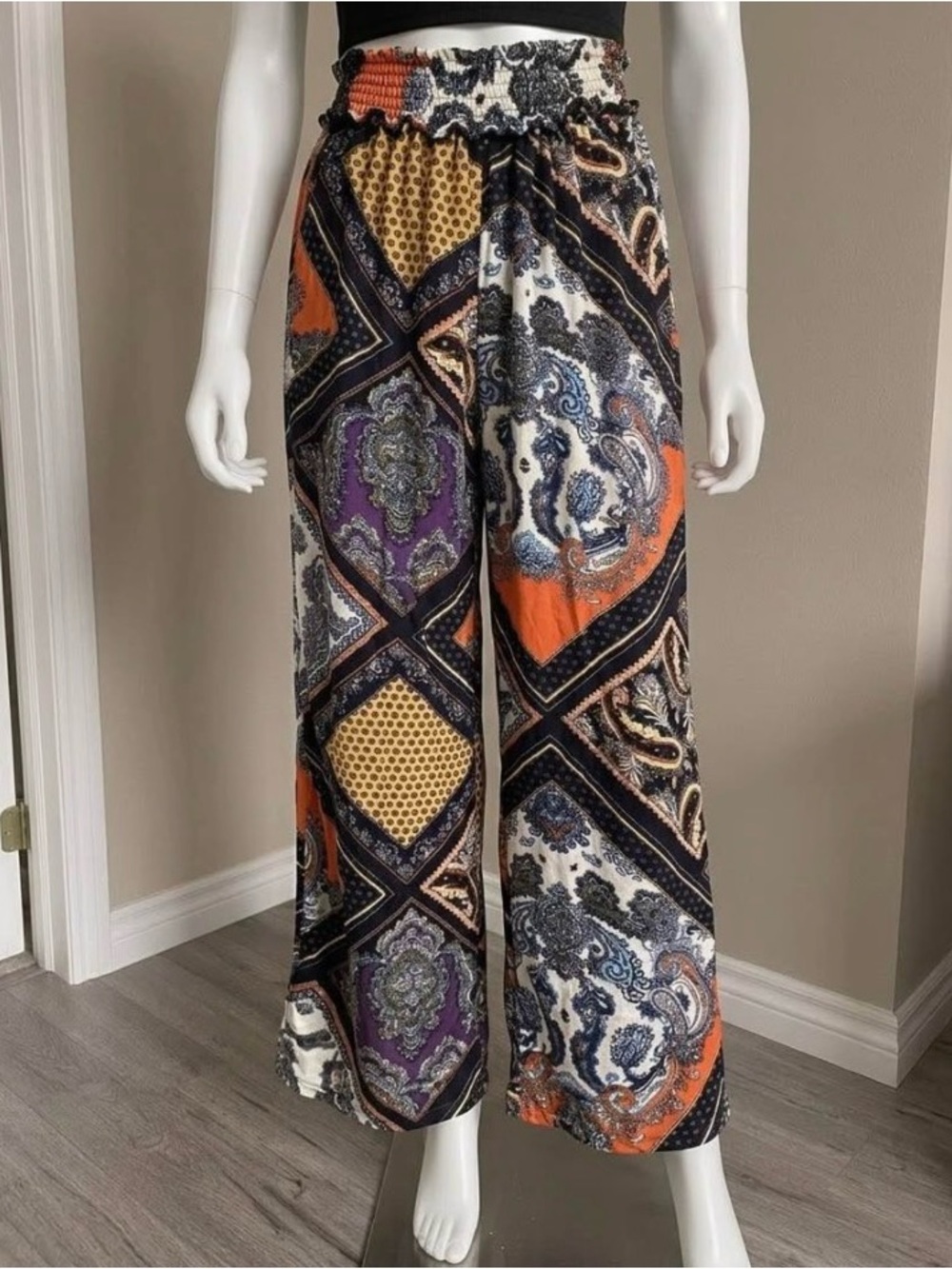 Meg & Margot Boho Paisley Patchwork Wide Leg Palazzo Pants Smocked Small Small